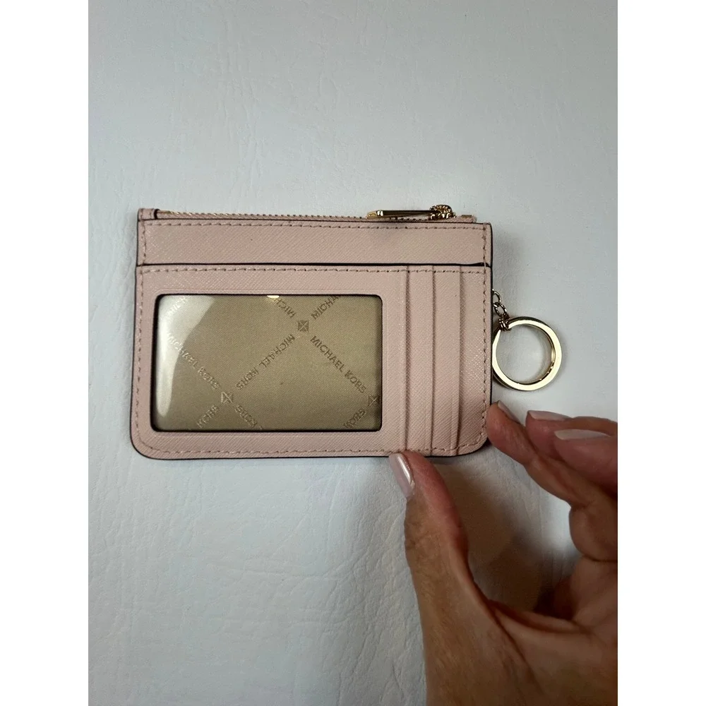 Michael Kors Card Holder Coin Pouch Pink Saffiano Leather Zip ID Keychain Wallet